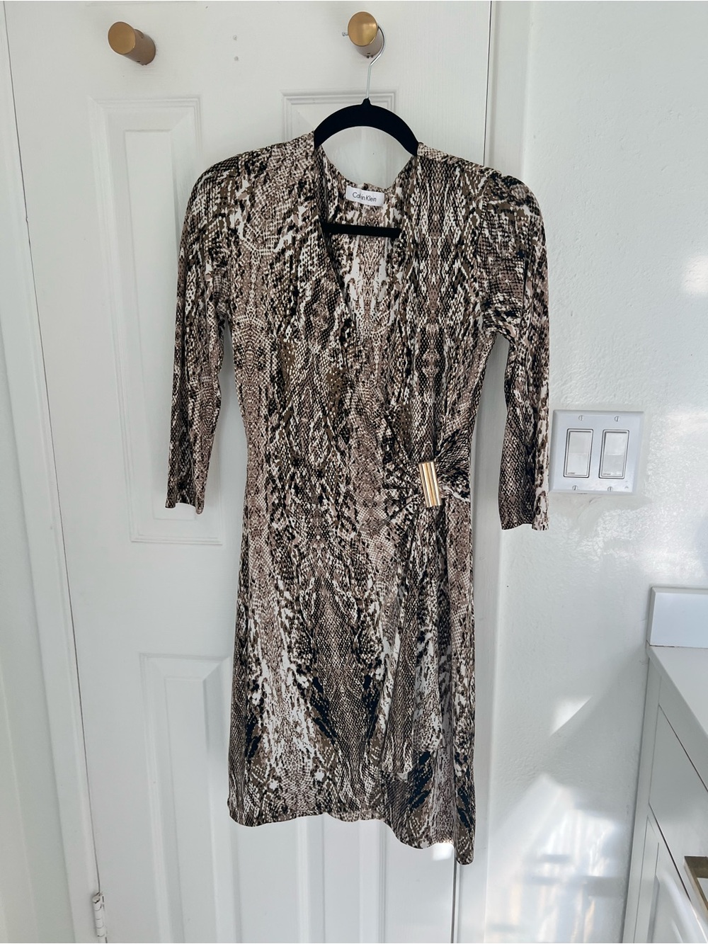 Calvin Klein Snake-Print Wrap Dress in Brown and Cream